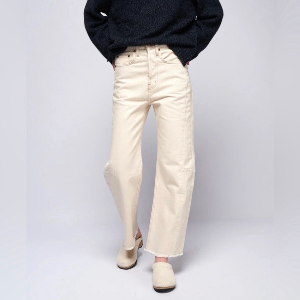 B SIDES Cream Wide-Leg Raw-Hem Jeans